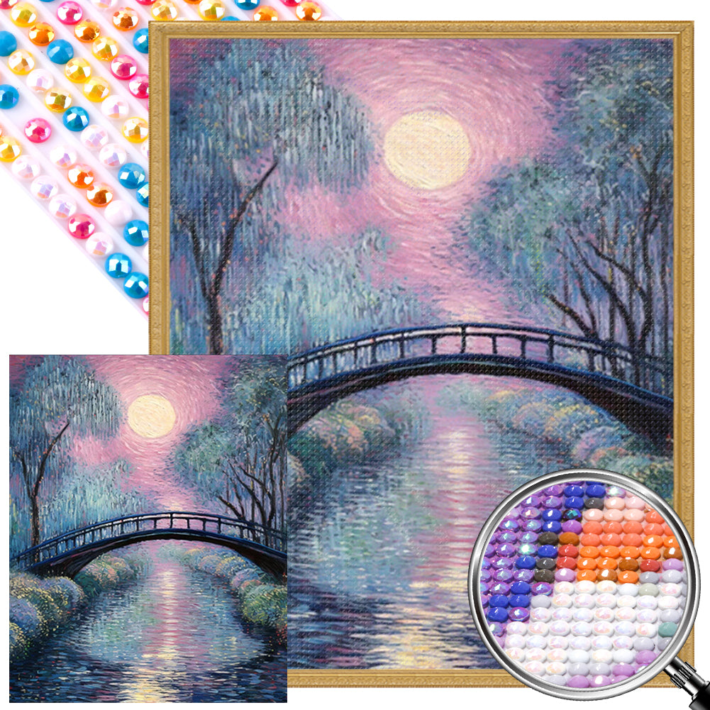 Small Bridge At Sunset And Flowing Water 40*50CM (canvas) Full AB Round Drill Diamond Painting