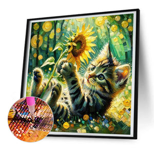 Sunflower And Kitten 30*30CM (canvas) Full Round Drill Diamond Painting