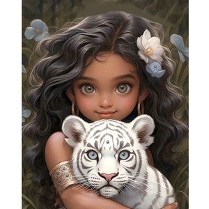 Girl And White Tiger 40*50CM (canvas) Full Round Drill Diamond Painting