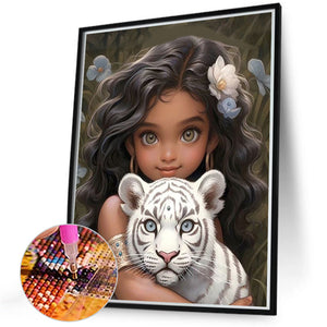 Girl And White Tiger 40*50CM (canvas) Full Round Drill Diamond Painting