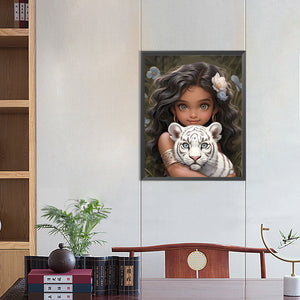 Girl And White Tiger 40*50CM (canvas) Full Round Drill Diamond Painting