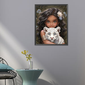 Girl And White Tiger 40*50CM (canvas) Full Round Drill Diamond Painting