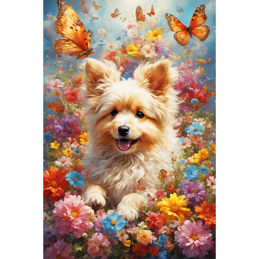 Flowers And Dogs 40*60CM (canvas) Full Round Drill Diamond Painting