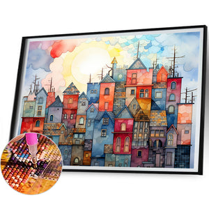 Colorful Lattice House 40*30CM (canvas) Full Square Drill Diamond Painting