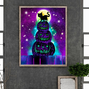 Pumpkin Lantern And Black Cat 40*50CM (canvas) Full Round Drill Diamond Painting