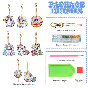 8 Pcs Double Side Full Drill Diamond Painting Art Keychain Kit (Unicorn Donut)