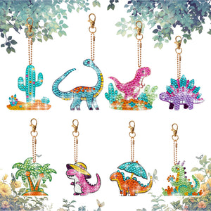 8 Pcs Double Side Full Drill Diamond Painting Art Keychain Kit (Desert Dinosaur)