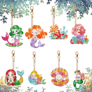 8 Pcs Double Side Full Drill Diamond Painting Art Keychain Pendant (Mermaids)