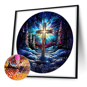 Cross Aurora Landscape Glass Painting 30*30CM (canvas) Full Round Drill Diamond Painting