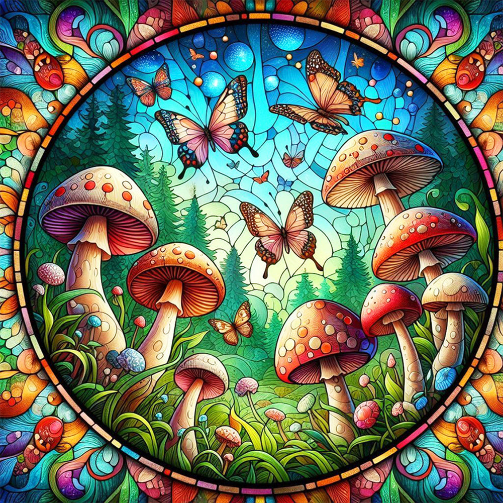 Glass Painting Butterfly Mushroom 30*30CM (canvas) Full Round Drill Diamond Painting