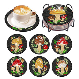 6Pcs Diamond Art Coaster Diamond Art Painting Coaster Kit with Holder (Mushroom)
