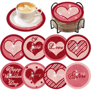 8Pcs Diamond Art Painting Coasters Craft Kit with Holder for Gift (Pink Heart)