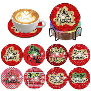 8Pcs Diamond Art Painting Coasters Craft Kit with Holder for Gift (Red English)