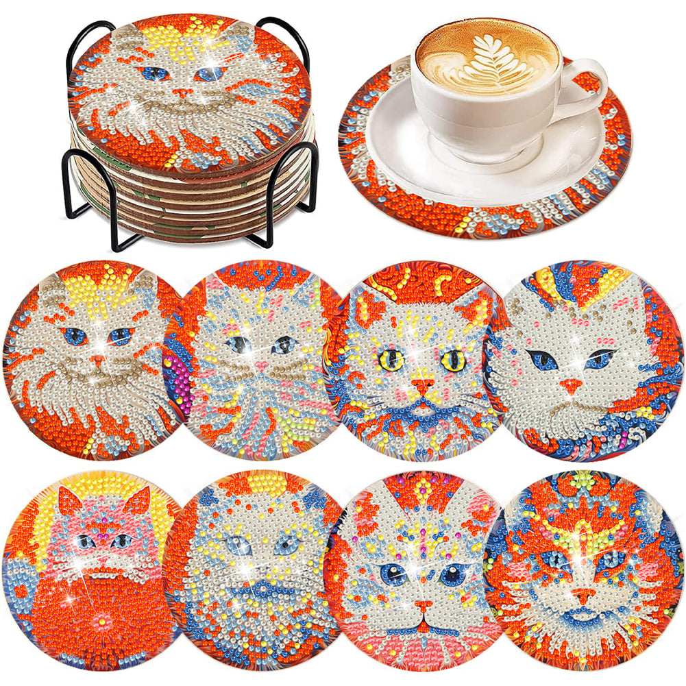 8Pcs DIY Diamond Art Painting Coasters Craft Kit with Holder (Passionate Cat)