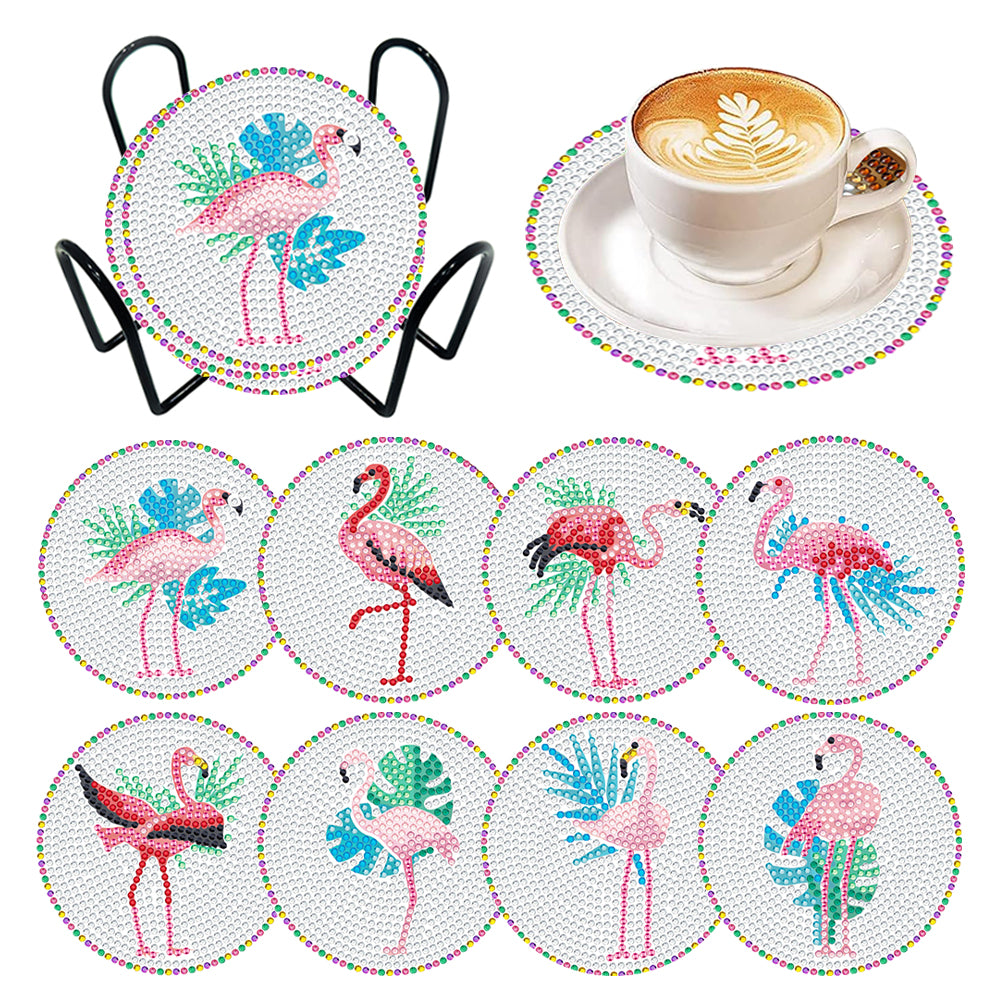 8Pcs DIY Diamond Art Painting Coasters Craft Kit with Holder (Simple Flamingo)