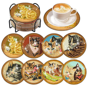 8Pcs Diamond Art Painting Coasters Craft Kit with Holder for Gift (Farm Cat)