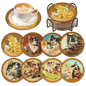 8Pcs Diamond Art Painting Coasters Craft Kit with Holder for Gift (Farm Cat)