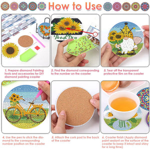 8 Pcs Diamond Art Painting Coasters Craft Kit with Holder for Gift (Sunflower)