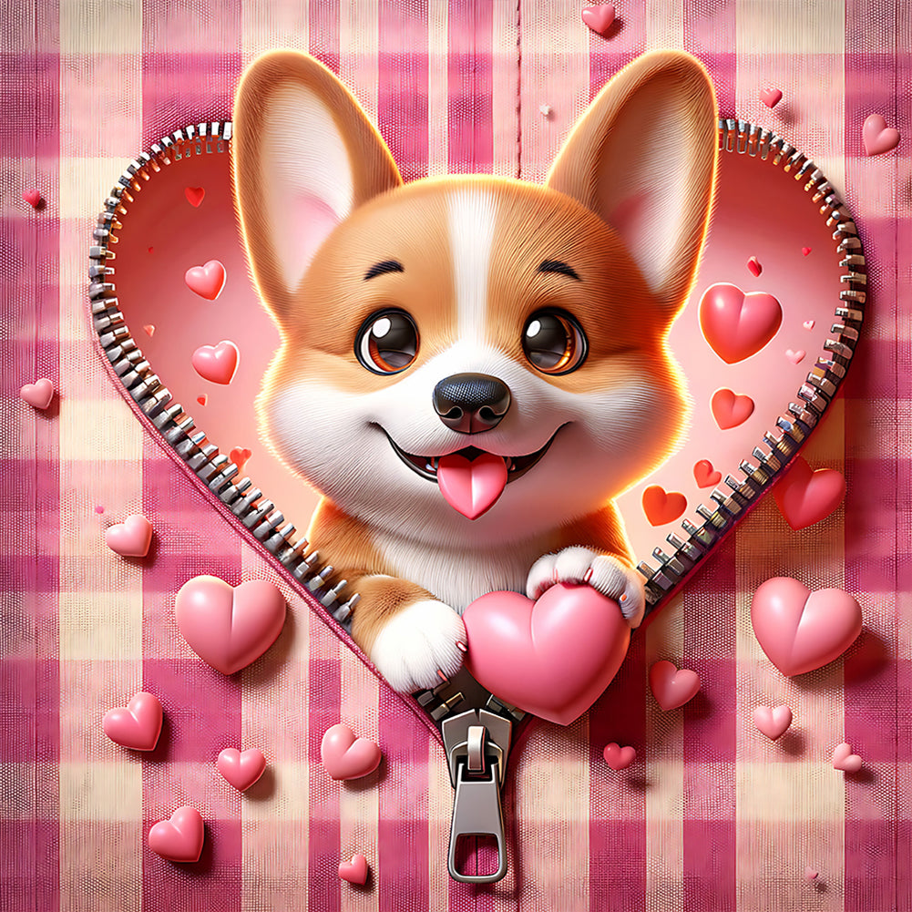 Pink Love Puppy-Corgi 30*30CM (canvas) Full Round Drill Diamond Painting