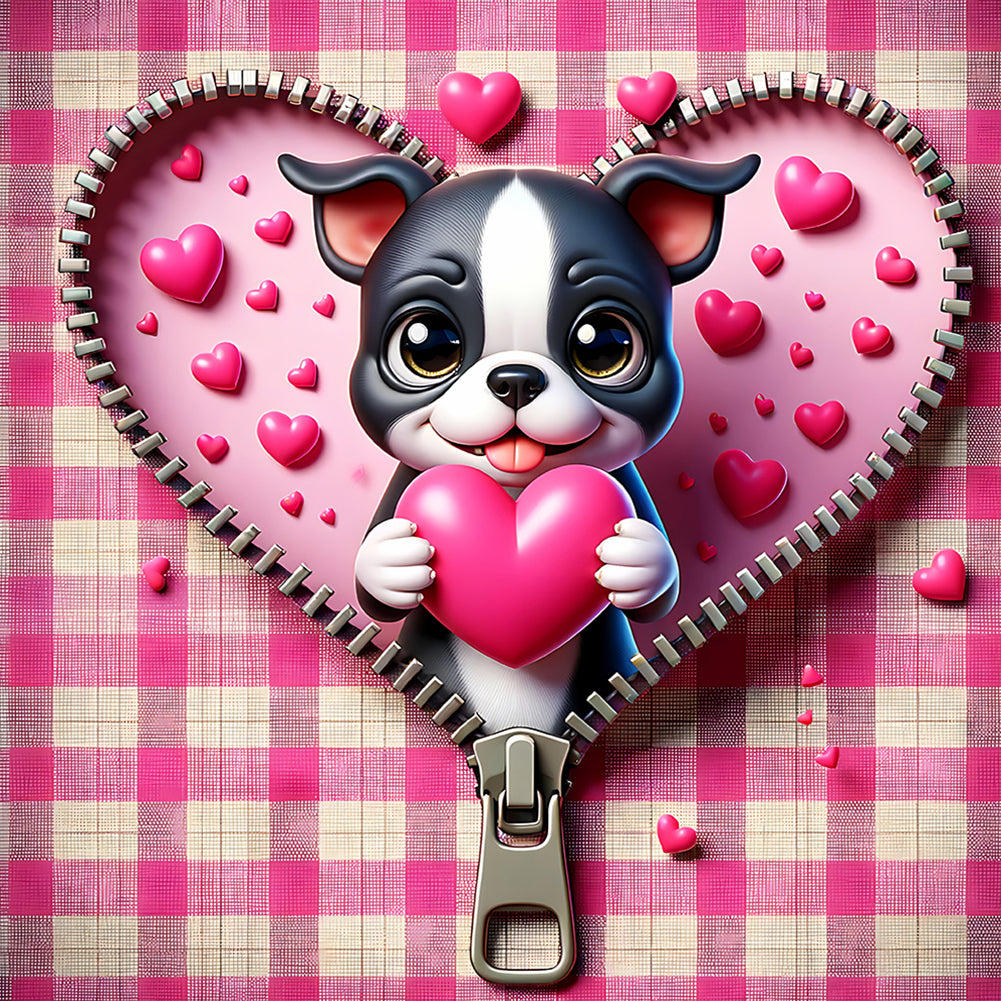 Pink Love Puppy-Valentine Day Boston Terrier 30*30CM (canvas) Full Round Drill Diamond Painting