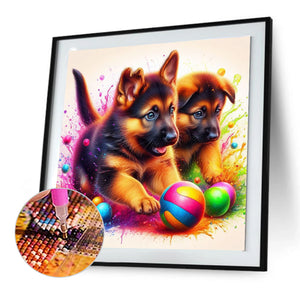 Ball With Two Shepherd Dogs 30*30CM (canvas) Full Round Drill Diamond Painting