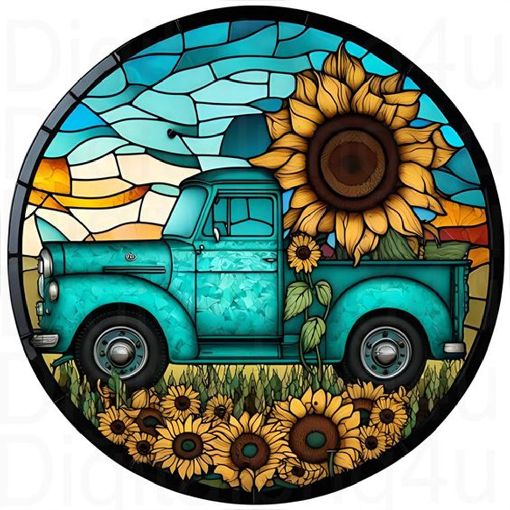 Round Brand Sunflower Classic Car 30*30CM (canvas) Full Round Drill Diamond Painting