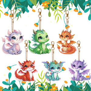 6 Pcs Double Side Dragon Diamond Art Keyring for Zipper Charm Bag Charms Pendant