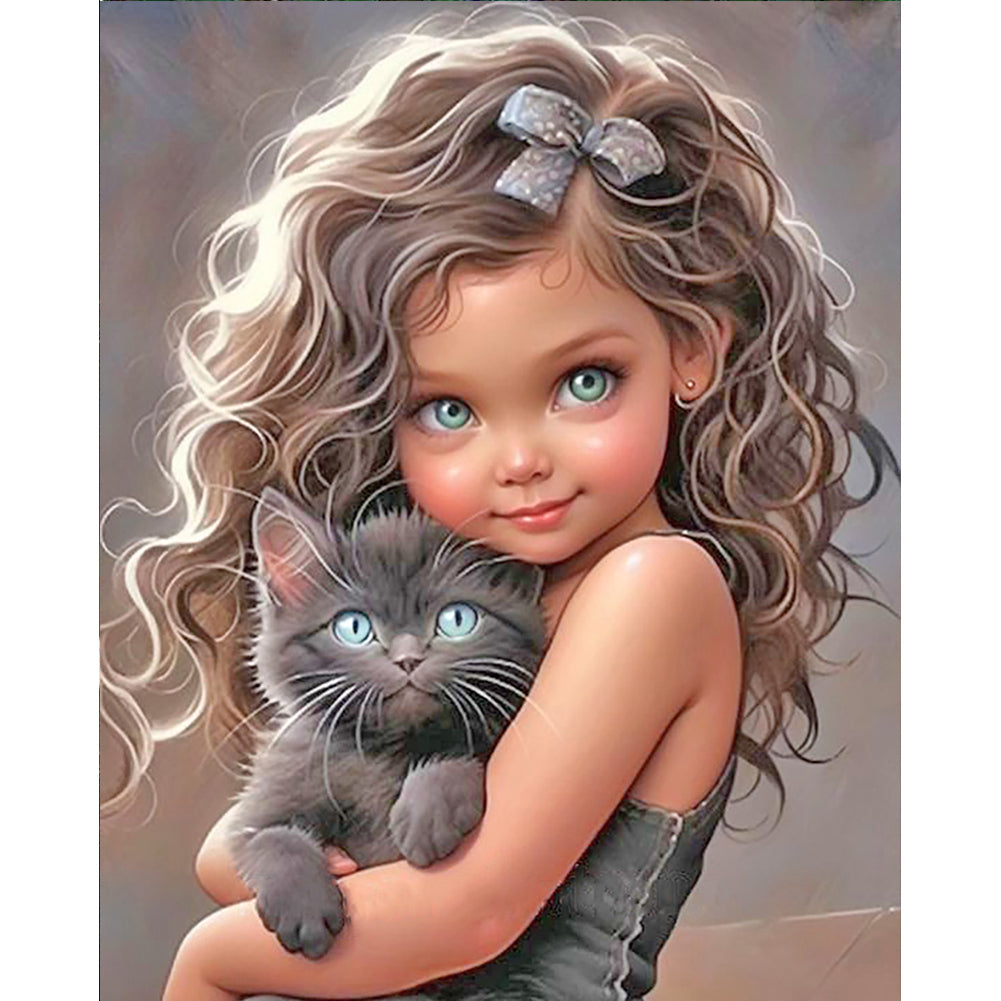 Little Girl Holding Cat 40*50CM (canvas) Full Round Drill Diamond Painting