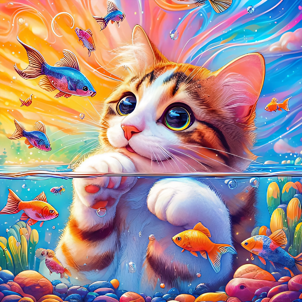 Goldfish And Little Orange Cat 40*40CM (canvas) Full Round Drill Diamond Painting