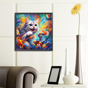 Goldfish And Black And White Cat 40*40CM (canvas) Full Round Drill Diamond Painting