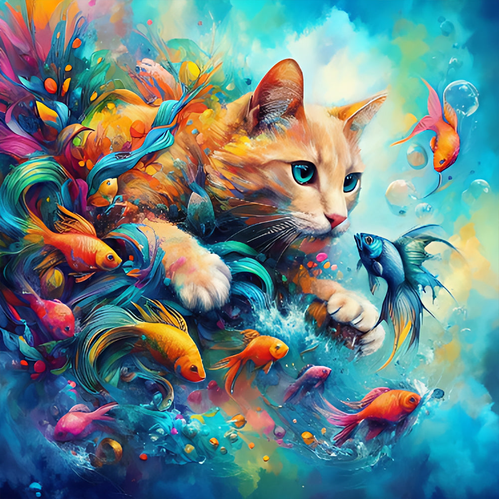 Goldfish And Orange Cat 40*40CM (canvas) Full Round Drill Diamond Painting