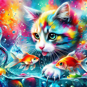 Goldfish And Colorful Cat 40*40CM (canvas) Full Round Drill Diamond Painting