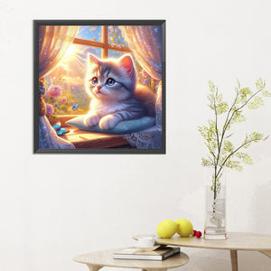 Glowing Cat By The Window 30*30CM (canvas) Full Round Drill Diamond Painting