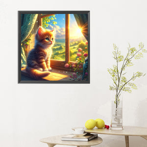 Glowing Cat By The Window 30*30CM (canvas) Full Round Drill Diamond Painting