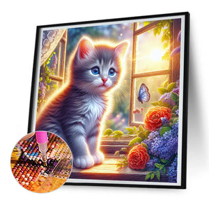 Glowing Cat By The Window 30*30CM (canvas) Full Round Drill Diamond Painting