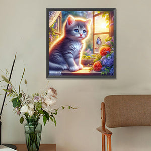 Glowing Cat By The Window 30*30CM (canvas) Full Round Drill Diamond Painting