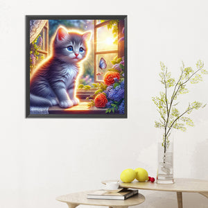 Glowing Cat By The Window 30*30CM (canvas) Full Round Drill Diamond Painting