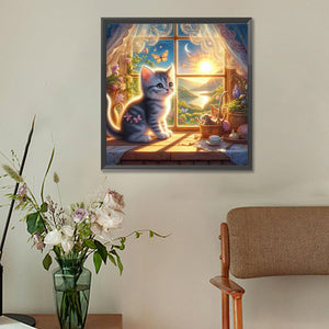 Glowing Cat By The Window 30*30CM (canvas) Full Round Drill Diamond Painting