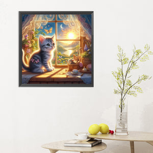Glowing Cat By The Window 30*30CM (canvas) Full Round Drill Diamond Painting