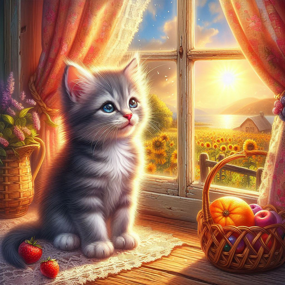 Glowing Cat By The Window 30*30CM (canvas) Full Round Drill Diamond Painting