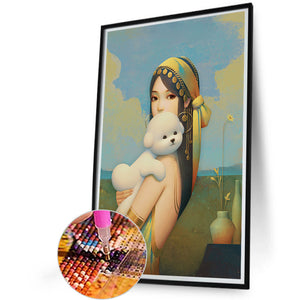 Girl Holding Puppy 40*60CM (canvas) Full AB Round Drill Diamond Painting