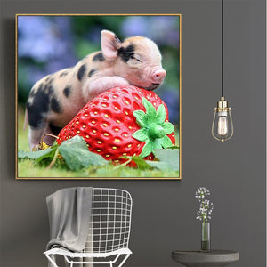 Baby Pig Sleep on Strawberry 30x30cm(canvas) partial round drill diamond painting