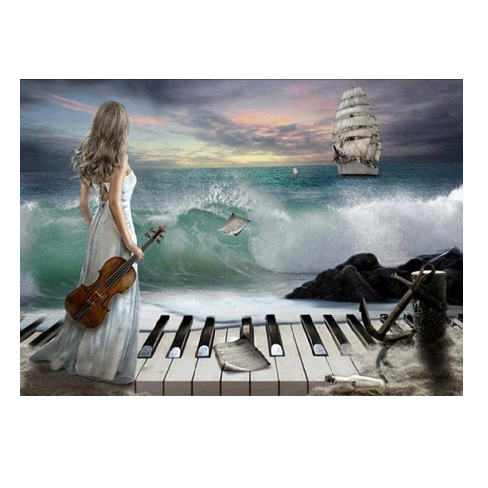 Girl Piano 30x40cm(canvas) partial round drill diamond painting
