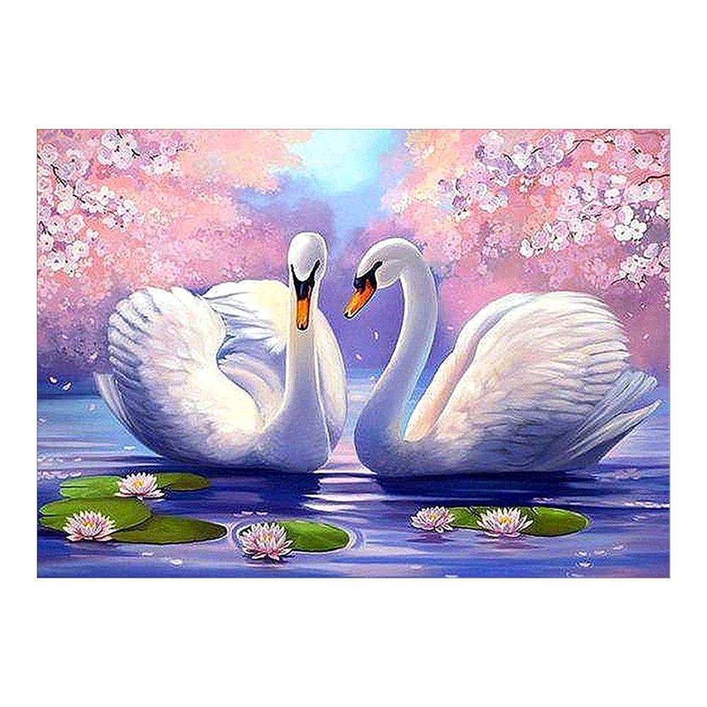 Two White Swans 40x30cm(canvas) partial round drill diamond painting