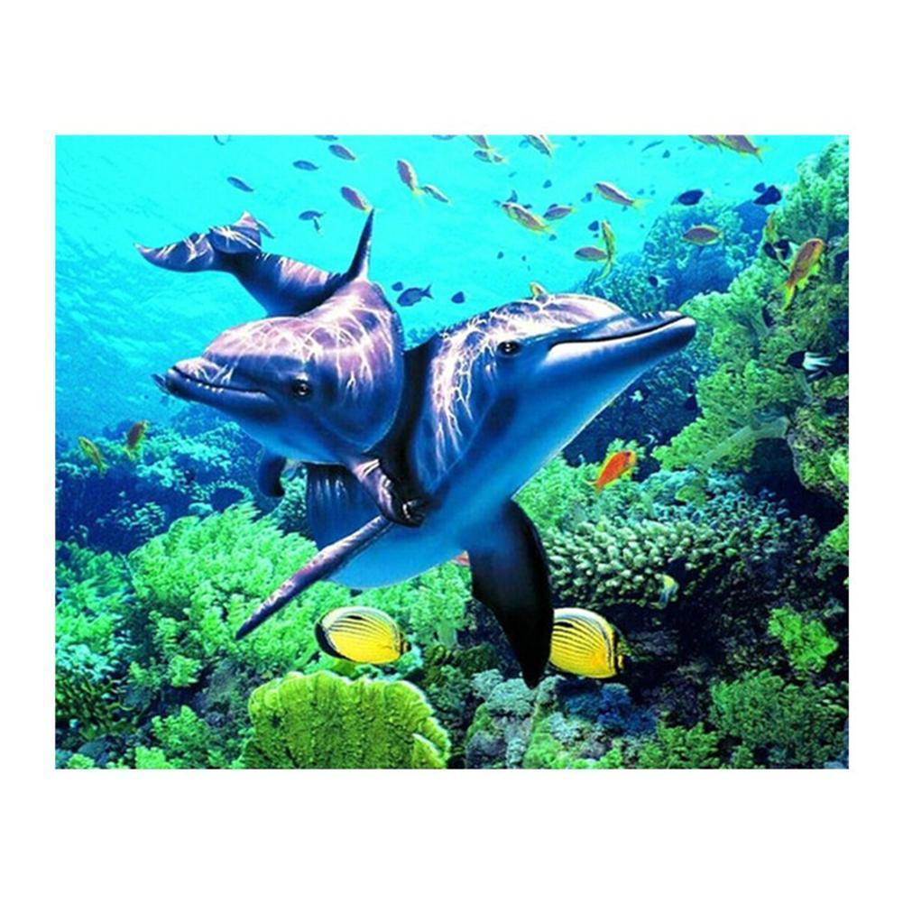 Dolphin Family 30x25cm(canvas) partial round drill diamond painting
