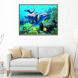 Dolphin Family 30x25cm(canvas) partial round drill diamond painting