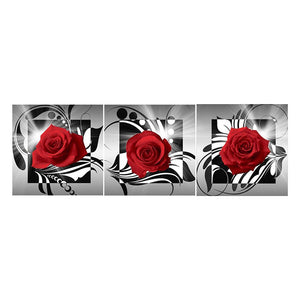 Red Rose 3-pictures 95x34cm(canvas) full round drill diamond painting