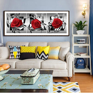 Red Rose 3-pictures 95x34cm(canvas) full round drill diamond painting