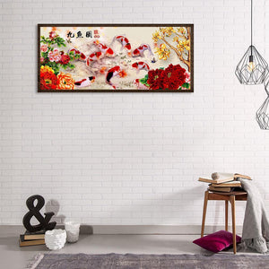 Peony 9 Fishes 80x35cm(canvas) full round drill diamond painting