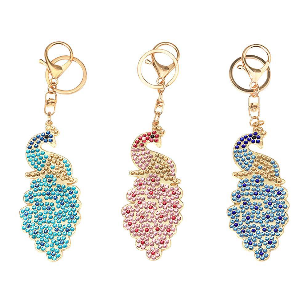 3pcs Full Special Shaped Diamond Painting DIY Peacock Keychain Bag Pendant